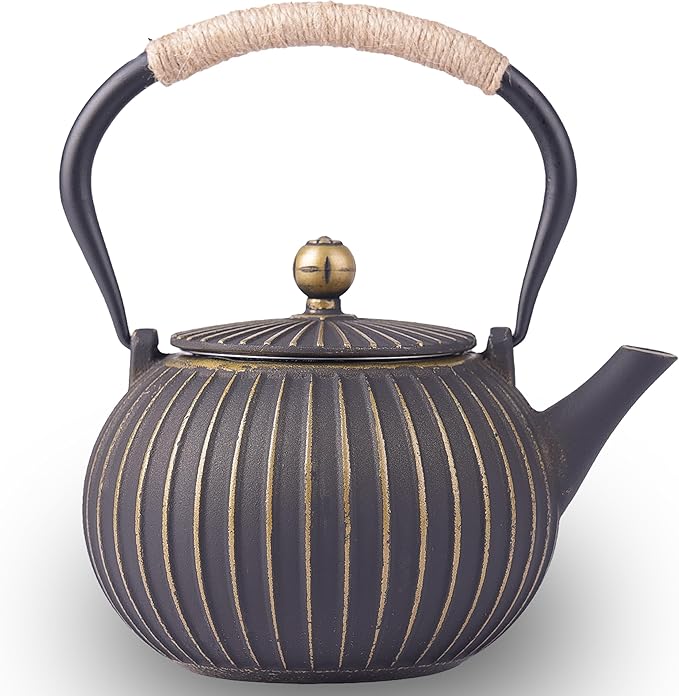 Japanese Tetsubin Cast Iron Teapot 40oz（1200ML) - Enamel Coated Interior & Removable Stainless Steel Infuser, Stovetop Safe Kettle for Tea Ceremony (Black Gold)