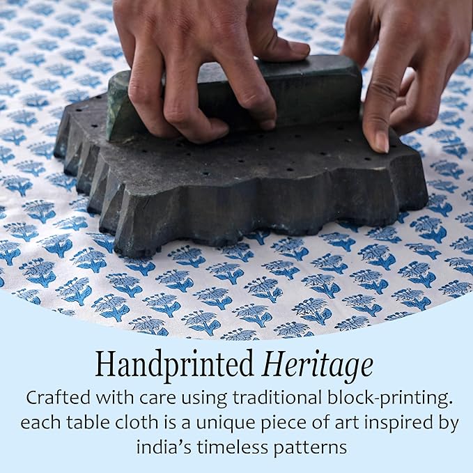 CPC Apatite Blue Floral Hand Block Printed 100% Cotton Tablecloth 60x108 Rectangular Reusable and Washable Boho Dining Table Cloth Thanksgiving