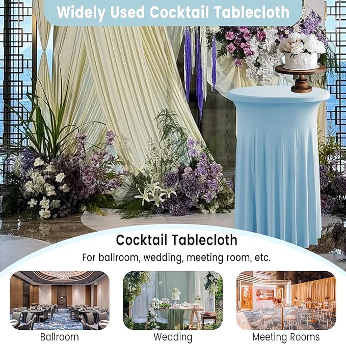 Qubjus 2 Pack Round Cocktail Tablecloths Stretch Table Skirt - 32x43 inch Bar High Top Stylish and Elegant Cocktail Table Covers for Parties, Weddings, Holidays - Light Blue