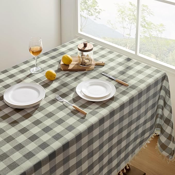 Softalker Checkered Tablecloth Rectangle, Outdoor Linen Cotton Gingham Table Cloth with Tassel, Heavy Duty Wrinkle Free Buffalo Plaid Table Cover for Kitchen Dining Home Party - 55 x 102 Inch, Coffee