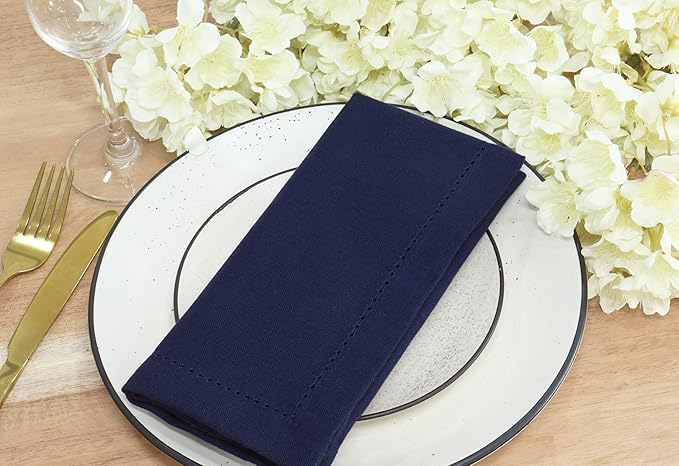 PurpleEssences Set of 12 Hemstitch Cloth Dinner Napkins 100% Cotton - Soft Durable Washable - Ideal for Wedding Christmas Holiday Winter - Perfect Everyday Use Table Linen 18x18 - Navy Blue