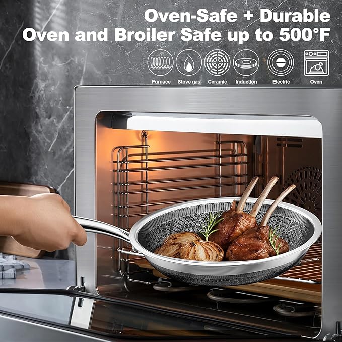 FogDream 8" 10" 12" Non Stick Frying Pans, Stainless Steel Skillet with Lid, Tri-Ply Stainless Steel for All Cooktops, Dishwasher and Oven-Safe Cooking Pan, Stay-Cool Handle, Silver