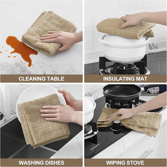 Homaxy Premium Cotton Kitchen Towels 16"x 28", Large Natural Ring Spun 390 GSM Dish Towels, Super Absorbent Terry Kitchen Hand Towels, Soft Tea Towels with Hanging Loop, Pure Tan Design, 8 Pack