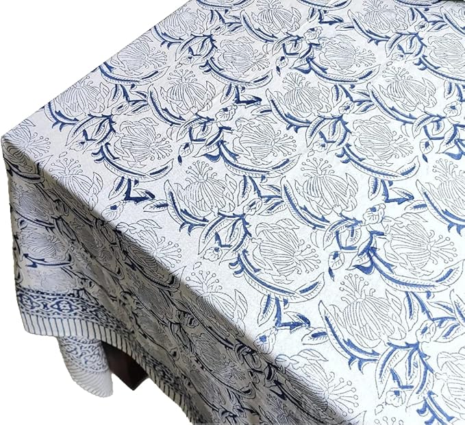 ATOSII ‘Santorini’ 100% Cotton Fall Tablecloth, Handblock Print Blue Rectangle Table Cloth for Kitchen I Dining Table Linen I Parties Wedding Christmas Thanksgiving I Fall Decor 60 X 108 Inches