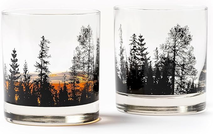 Black Lantern Whiskey Glass Set Forest Landscape Old Fashioned Tumblers for Bourbon, Scotch & Cocktails Nature Inspired 11oz Rocks Glasses for Home Bar & Gifts (Set of 2)