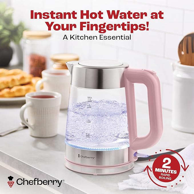 Electric Kettle for Boiling Hot Tea & Water | 1.7L Stainless Steel Borosilicate Glass Boiler With No Plastic, Automatic Shutoff, BPA Free, Fast Heating Technology (Pink)