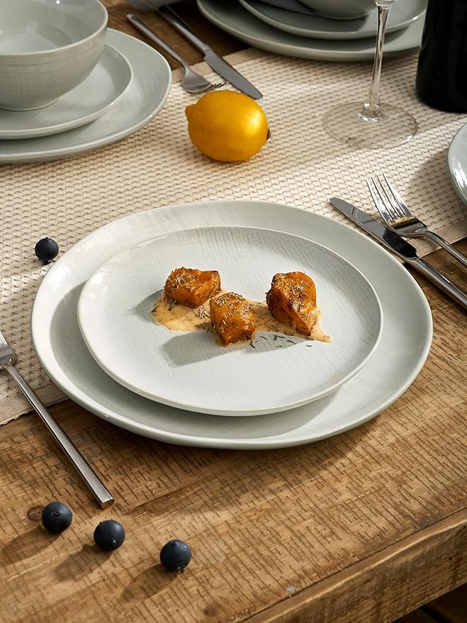 Famiware Moonlight Plates and Bowls Sets, 12 Pieces Stoneware Dinnerware Sets with Linen Finish, Handmade Dishware Set for 4, Microwave and Dishwasher Safe, Chip and Scratch Resistant, White