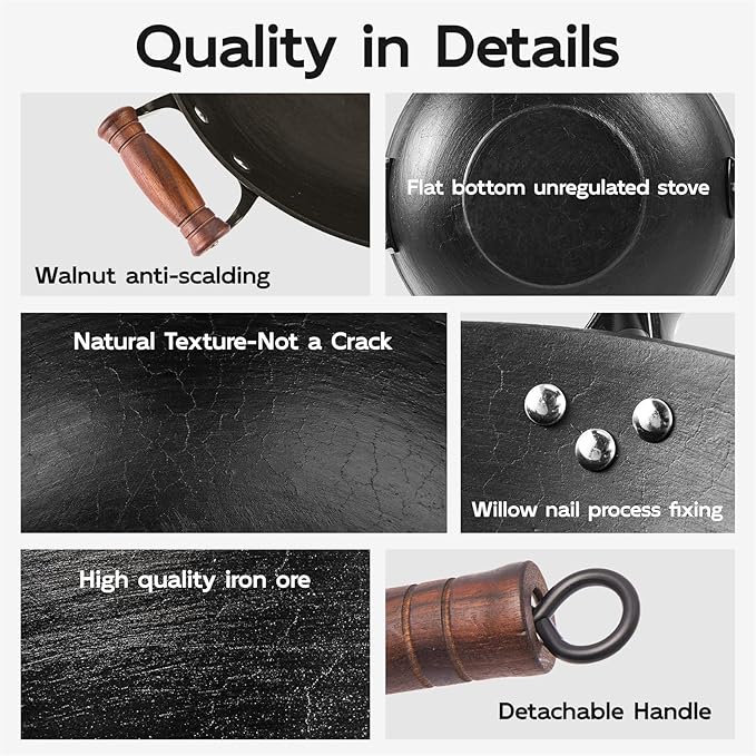 WANGYUANJI 12.6 Inch Iron Wok with Wooden Lid and Spatula, Flat Bottom Chinese Stir Fry Pan, Chemical-Free Uncoated Iron Wok for Induction, Gas and Electric Stoves