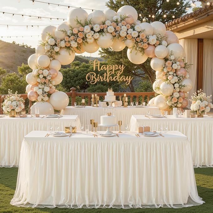 2 Pack 6ft Ivory Tulle Tablecloth for Rectangle Tables 6 Foot Ivory Wedding Table Cloths Rectangular Wrinkle Free Table Cover with Tutu Skirt for Baby Shower Birthday Party Banquet Buffet Cake