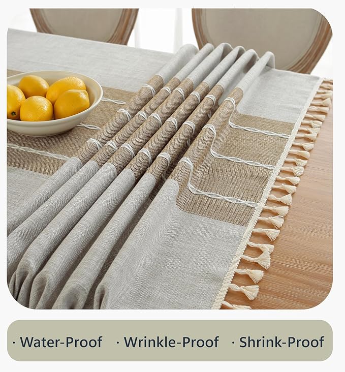 Alsoo Tablecloths Rectangular, Linen Tablecloth with Tassel, Spring Table Cover Wrinkle Free 6-8 Seats for Parties, Kitchen Dining, Holiday, Outdoor, Coffee Lines, 55 x 90 Inches