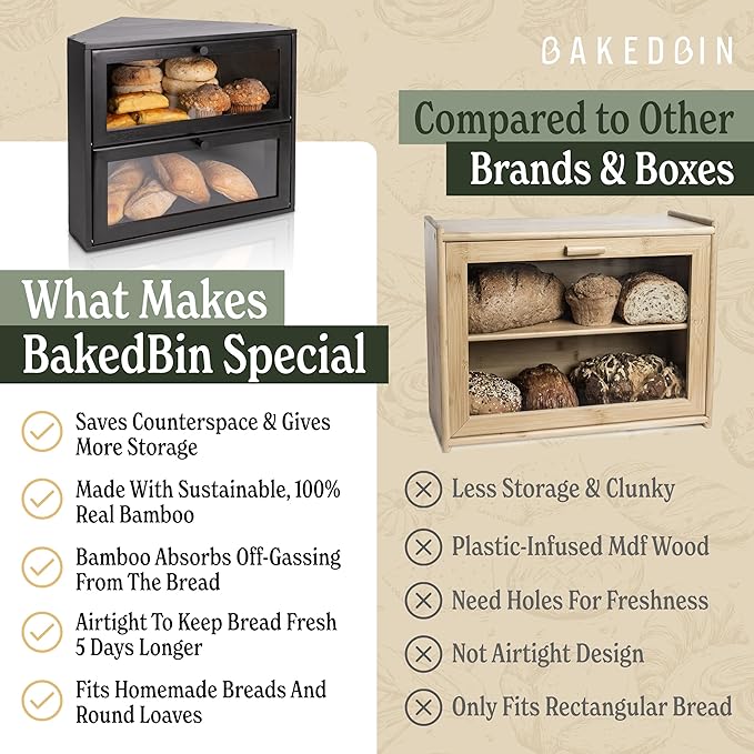 Corner Bread Box for Kitchen Countertop - New 2026 Airtight Design - Extra Large, Double Layer Black BreadBox, Vintage Storage for Homemade Bread, Under Cabinet Organizer