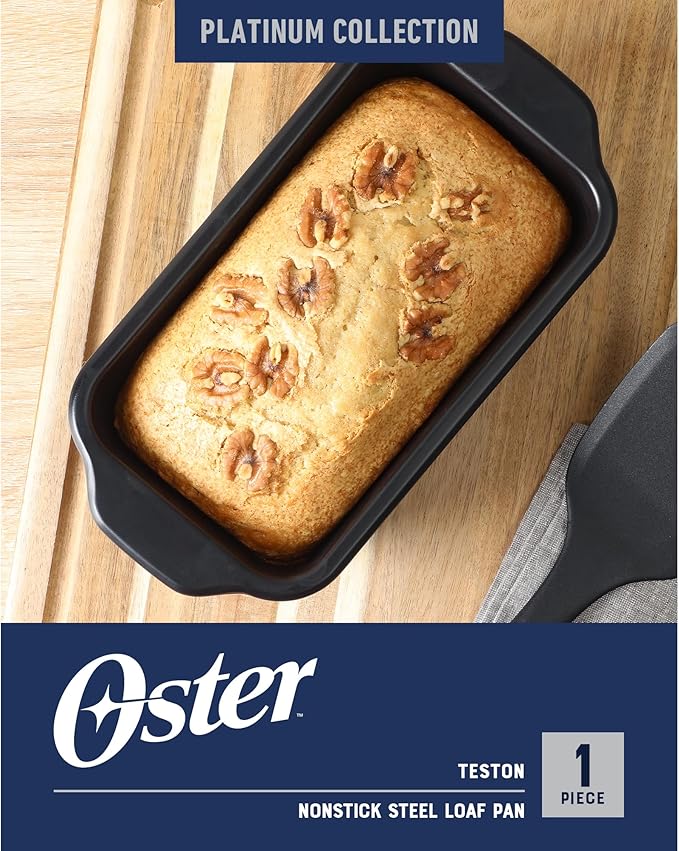 Oster Teston 9 x 5 Inch Loaf Pan, Nonstick Carbon Steel Bread Baking Pan, Matte Black, PFAS-Free, Oven-Safe, Easy Release Bakeware