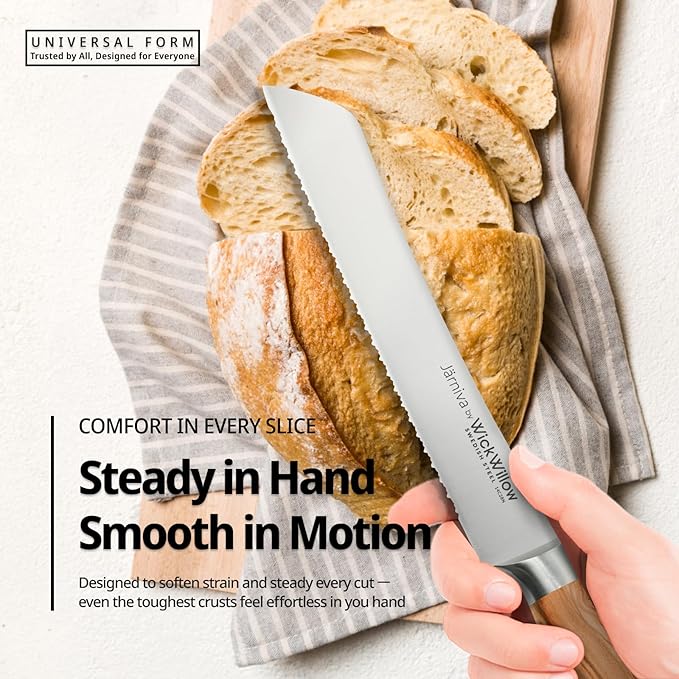 8 Inch Bread Knife – Double Serrated Swedish Steel Sourdough Knife with Italian Olive Wood Handle – Premium Serrated Knife for Homemade Bread, Pastries & Gifts for Home Bakers