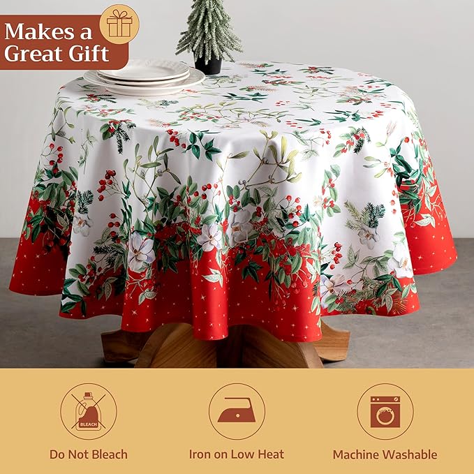 Maison d' Hermine Table Cloth Round Table 100% Cotton 69 Inches Fall Tablecloth Reusable Everyday Use for Thanksgiving Christmas Decorations Dining Farmhouse Party (Noel)