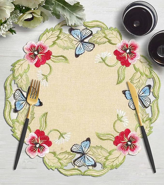 Decozen Set of 4 Doilies for Table, Lace Doilies - Rustic, Crochet, Farmhouse, Kitchen, Round Table Placemats - Valentines Day Decorations - 15 inch Gold Beige, The Maliana Collection