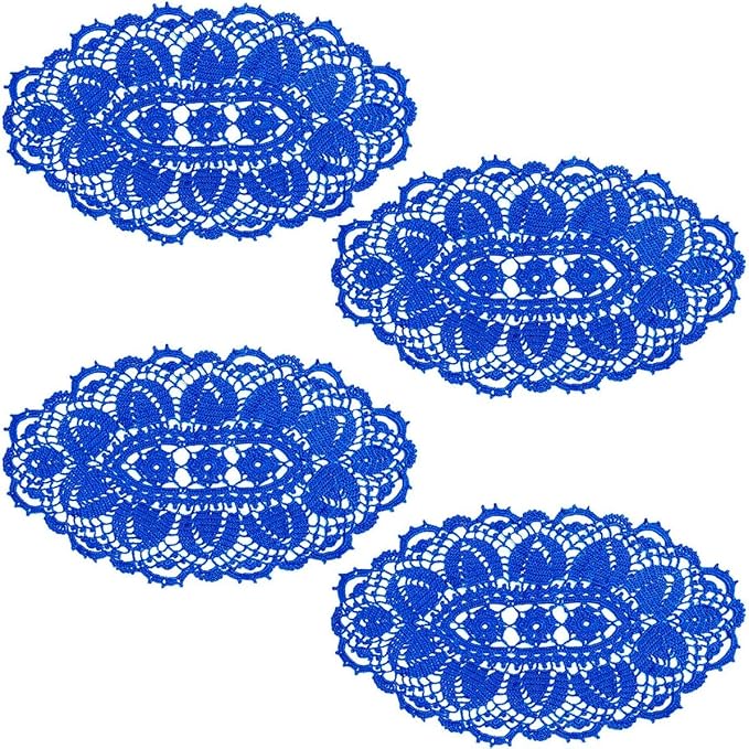 BIBITIME Lace Tablecloth Doily Handmade Crochet Placemat Women Vase Mat Kitchen Table Runner (4PCS- 12 x 22 in, Blue)