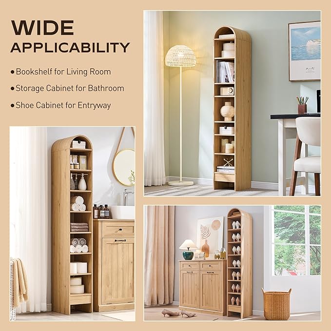 67" Tall Arched Bookshelf, 8 Tiers Arch Bookcase with Storage, Modern Farmhouse Book Shelf with Adjustable Shelves, Wood Bookshelf w/Open Display Shelves for Living Room, Office (Natural)