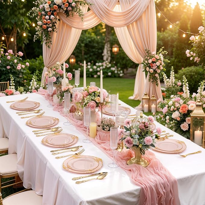 200PCS Pink and Gold Plates - Pink Plastic Plates - Fancy Disposable Plate with Gold Rim - Vintage Wedding Dinner & Dessert Plate for 100 Guests for Wedding & Valentine's Day & Bridal Shower