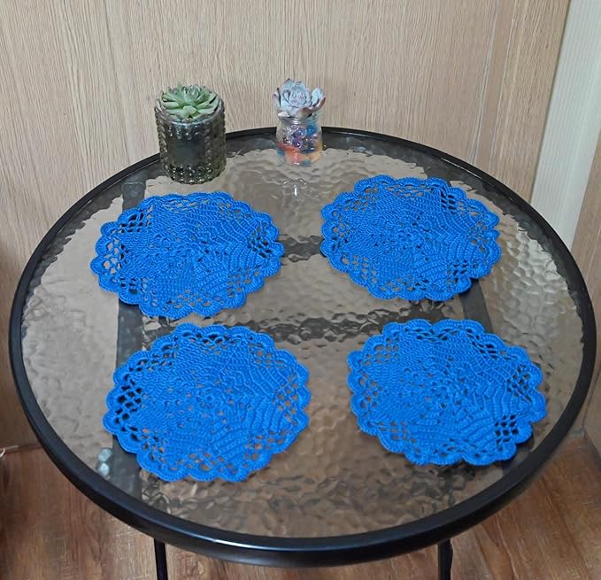 BIBITIME Handmade Crochet Round Lace Doilies Kitchen Table Placemats Wedding Tea Flower Vase Cup Mats (Blue, 6" to 7",Pack of 4PCS)