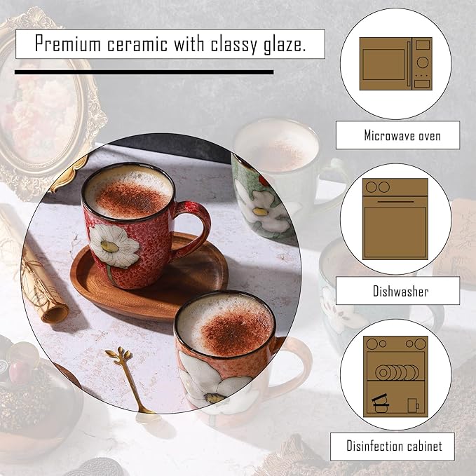 VanEnjoy 13oz Coffee Mug 4 Set of Ceramic Coffee Cups Cappuccino Cups Set Vintage Coffee Mugs for Home Cafe Floral Mugs for Tea Latte Espresso