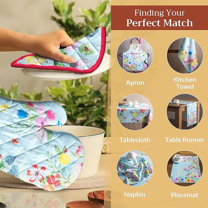 Maison d' Hermine 100% Cotton Oven Mitt & Pot Holder Set (7.5"x13" & 8"x8") Heat Resistant BBQ Cooking Gloves with Loop, Baking, Grilling, Kitchen, Handling Hot Pan Spring/Summer (Jardin D'Ete - Mint)