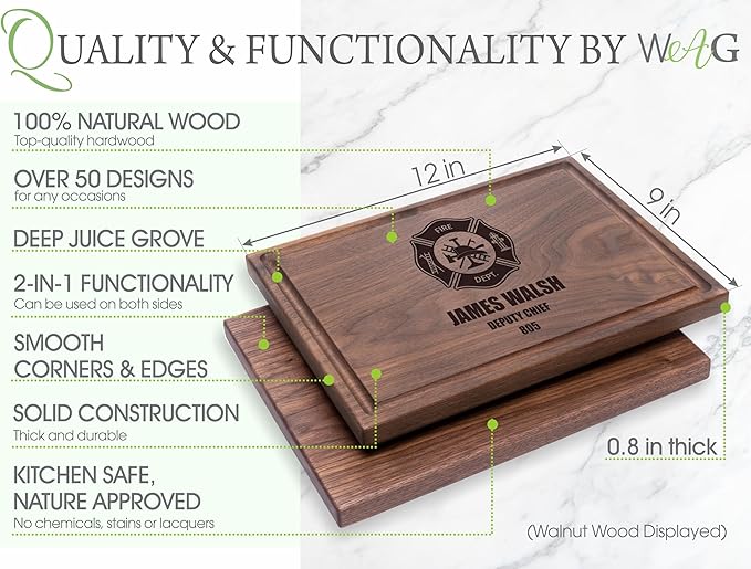 Personalized Cutting Board - Firefighter Gifts for Men, Fireman Retirement, Graduation or Birthday Gift - Custom Gifts, Wood Engraved with Maltese Cross (Firefighter 101)