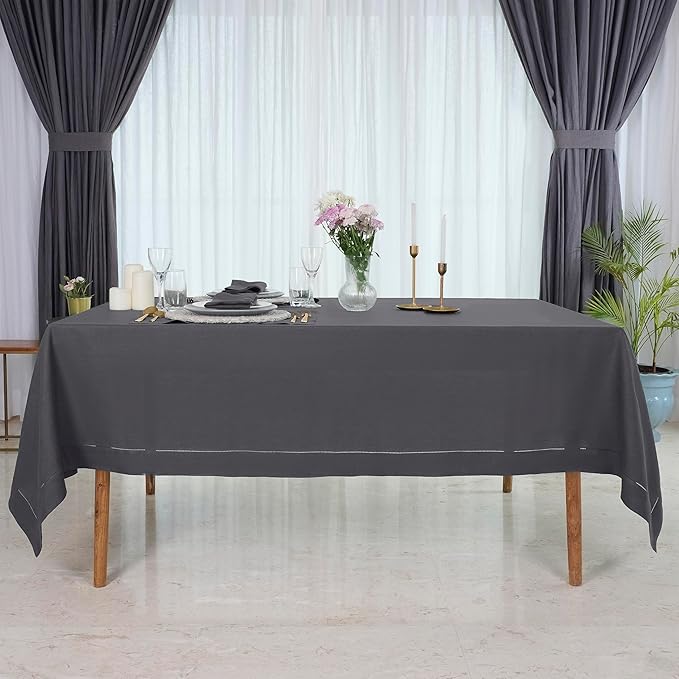 D'Moksha Homes Charcoal Grey Linen Tablecloth 60 x 108 Inch - 100% Pure Linen Grey Table Cloth for Rectangle Tables - Classic Hemstitch, Machine Washable Tablecloth for Spring, Easter