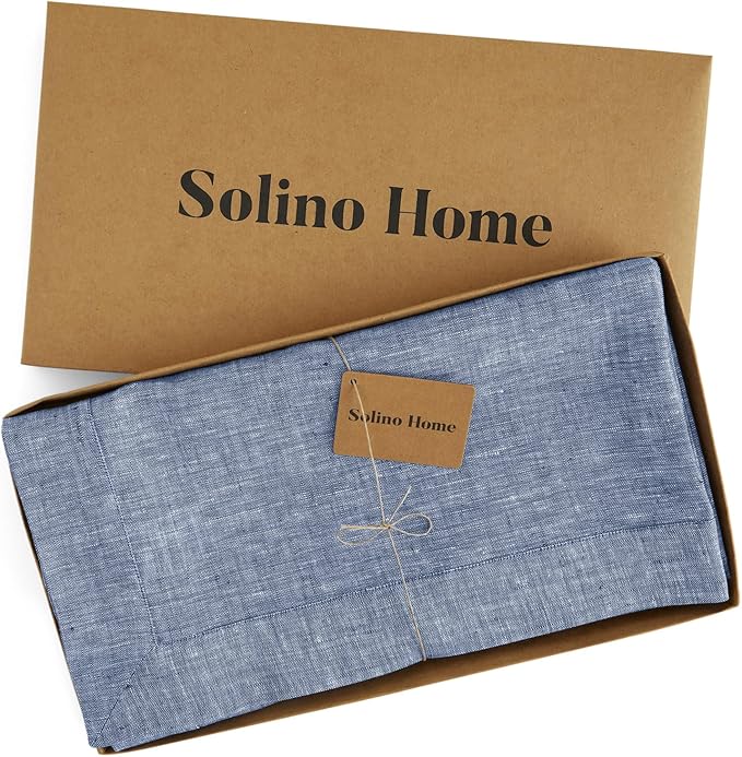 Solino Home Linen Tablecloth 60 x 120 Inch - 100% Pure Linen Chambray Indigo Table Cloth for Rectangle Tables - Athena, Machine Washable Tablecloth for Spring, Easter