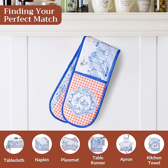 Maison d' Hermine Double Oven Mitts 100% Cotton 7"x35" Double Oven Mitt Heat Resistant BBQ Cooking Gloves with Loop, Baking, Grilling, Home, Kitchen, Handling Hot Pans Spring Summer (Amsterdam Canals)