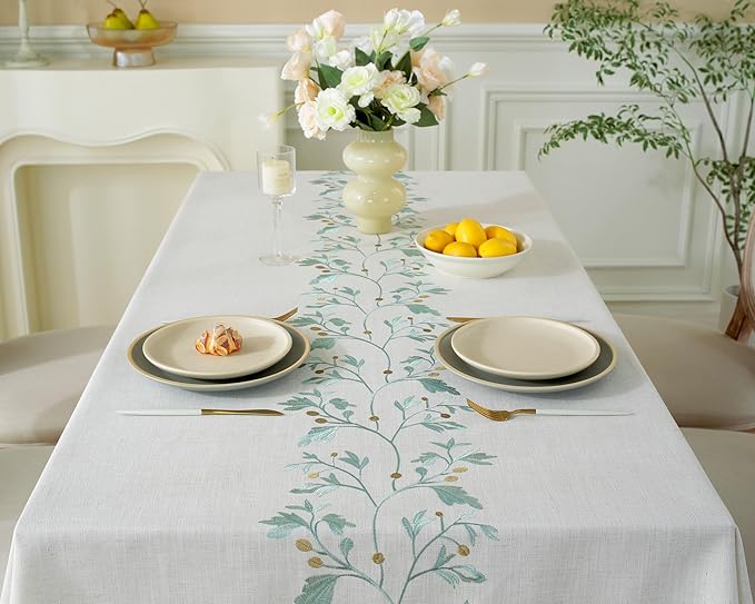 Alsoo Table Cloth Rectangle Table, Cotton Linen Spring Tablecloth Waterproof, Boho Rustic Tables Cover with Tassel for Christmas Party Kitchen Dining Holiday Decorations (Embroidered, 55''x90'')