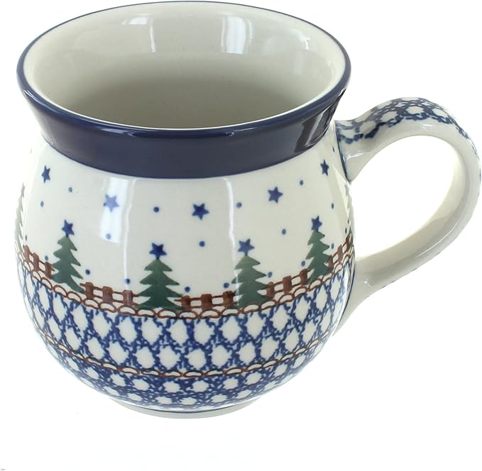 Blue Rose Polish Pottery - Blue Rustic Pines Bubble Mug - 16 oz - Polish Pottery Coffee Mug, Festive Design for Hot Chocolate, Tea & Coffee