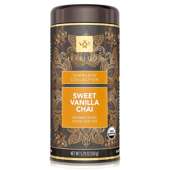 Teabloom Organic Black Tea, Sweet Vanilla Chai Loose Leaf Tea, Rich and Spicy Vanilla-Scented Blend, Exceptional USDA Organic Whole Leaf Blend, 5.29 Ounce Loose Leaf Tea Canister Makes 35-50 Cups