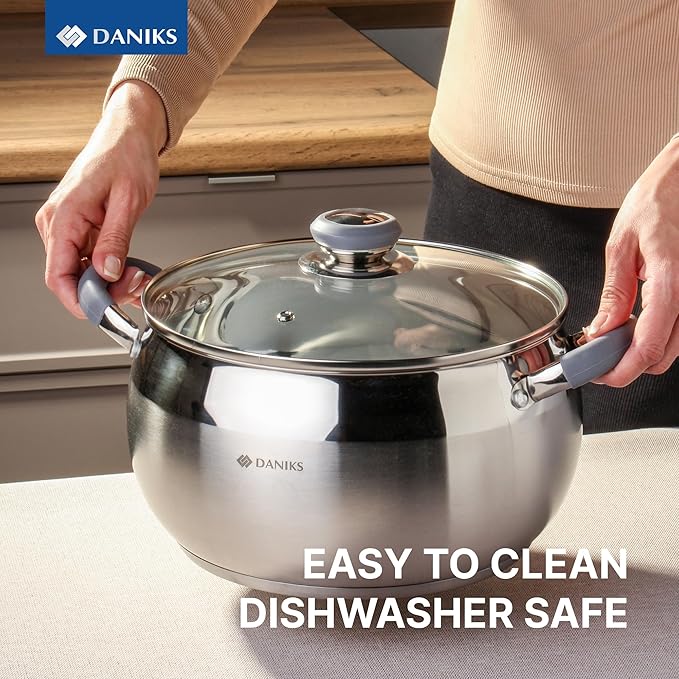 Daniks Modern 4 Quart Stainless Steel Stock Pot with Glass Lid, Tri-Ply Bottom for Even Heating, Induction Compatible, Dishwasher Safe, Heatproof Handles