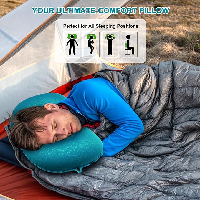 Inflatable Camping Pillow, Travel Blow Up Air Pillow, Neck Lumbar Support Ultralight Compact Pillow for Outdoor Hiking Backpacking Car Beach Airplane Sleeping Essentials, Peacock Blue