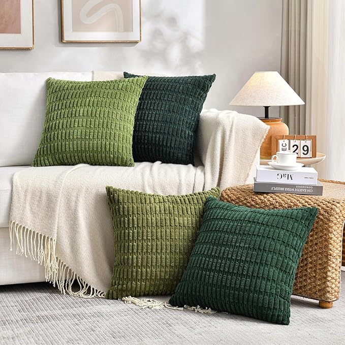 Fancy Homi Set of 4 Green Boho Decorative Throw Pillow Covers 18x18 Inch for Couch Bed Sofa, Aesthetic Modern Bohemian Room Decor, Soft Fuzzy Fluffy Cozy Corduroy Cushion Case 45x45cm