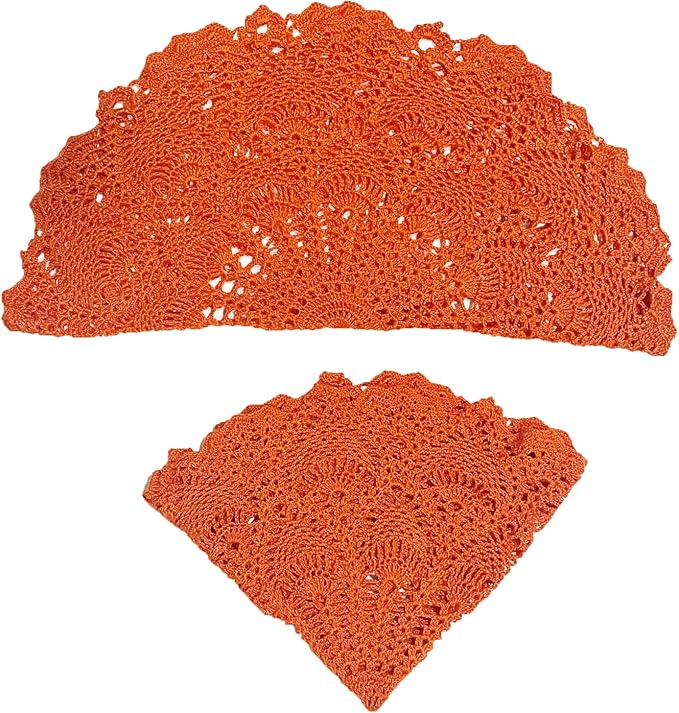 BIBITIME Lace Placemats Table Doilies Round Handmade Crochet Doily Kitchen Coffee Cup Mug Mats Dinner Place Mats (16 to 17.5 inches-2PCS, Orange)