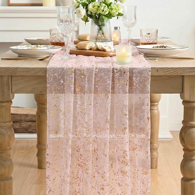 Artoid Mode Gold Gauze Pink Table Runner 120 Inch 10FT, Glitter Metallic Foil Sheer Dining Wedding Anniversary Holiday Birthday Table Decor for Home Party