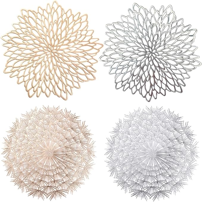4/6/8PCS PVC Placemat for Dining Table Hollow Pad Coaster Pads Table Bowl Mats(C Sliver,8 PCS_38CM)