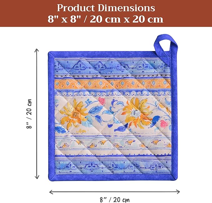 Maison d' Hermine Pot Holders Set 100% Cotton Heat Resistant Potholders 8" x 8" Hot Pads with Loop BBQ, Cooking, Baking, Grilling, Kitchen, Handling Hot Pans Spring/Summer (Pack of 2, Girassol)