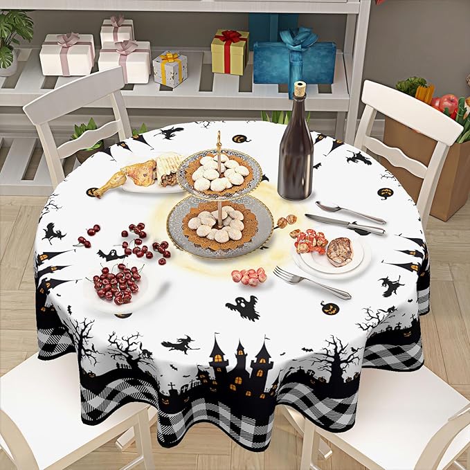 Halloween Tablecloth Round 60 Inch White and Black Castle Ghost Buffalo Plaid Table Cloth Rustic Holiday Table Cover for Kitchen Dinner Home Decor