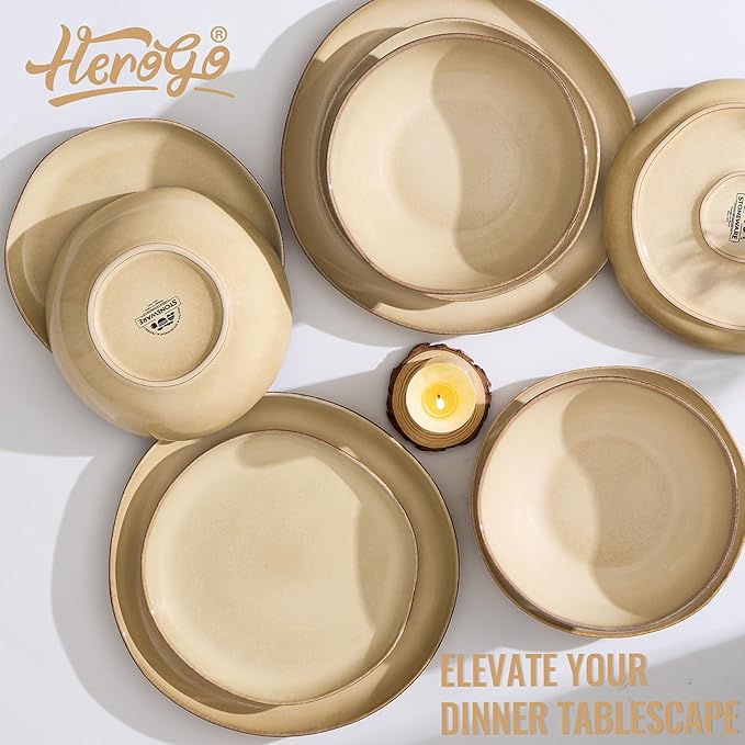 Herogo Dinnerware Sets for 8, 24pcs Stoneware Dinner Dish Set, Irregular Handmade Plates and Bowls Dishware, Crack and Scratch Resistant, Microwave & Dishwasher Safe, Cream Khaki