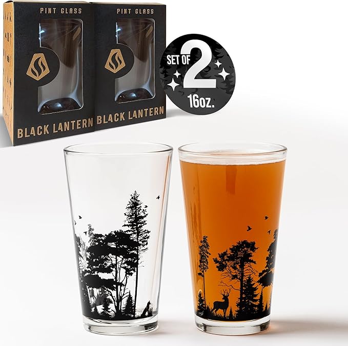 Black Lantern Forest Animal Pint Glass Set of 2 – 16 oz Beer Glasses with Wraparound Wildlife Silhouette Print – Heavy Base Craft Beer Barware