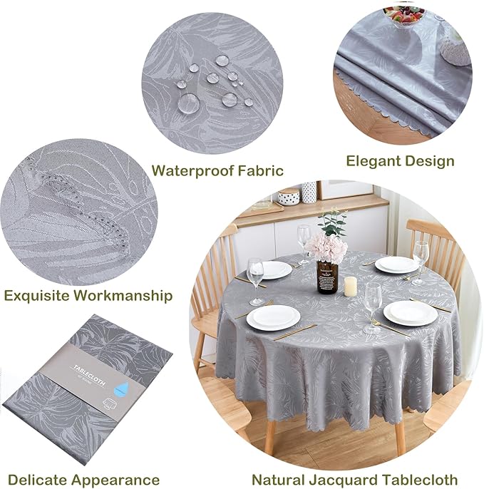 Round Tablecloth 80 Inch Fabric Table Cloth Leaves Pattern Scalloped Edge Silky Soft Tablecloth Waterproof Wrinkle Resistant Washable Table Cover Dinning Party Banquet Decoration (Grey)