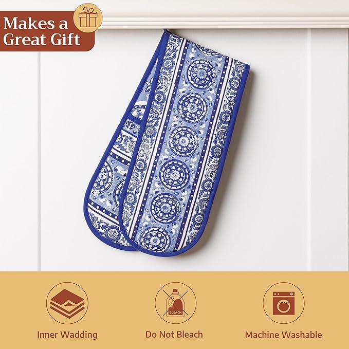 Maison d' Hermine Double Oven Mitts 100% Cotton 7"x35" Double Oven Mitt Heat Resistant BBQ Cooking Gloves with Loop, Baking, Grilling, Home, Kitchen, Handling Hot Pans Spring Summer (Melodie Bleue)
