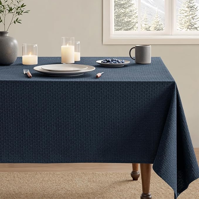 MIULEE Navy Linen Cotton Table Cloth Rectangle Tablecloth Waterproof Spillproof Cross-Star Textured Table Cltoth Decorative Farmhouse Style for Dining Party Weddings 60x120 Inch