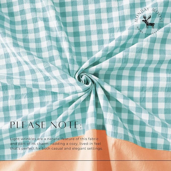 MONDAY MOOSE Gingham Checkered Farmhouse Rustic Picnic Style Decoration Rectangle Natural Stonewashed Cotton Tablecloth for Kitchen, Dining Room, Restaurant (55x70 inch, Teal/Orange)