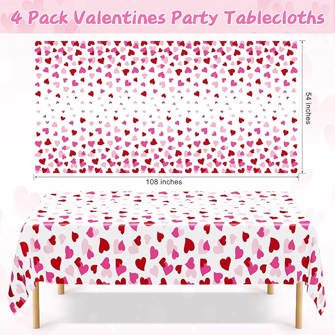 4 Pack Valentines Decorations, 108" X 54" Valentines Tablecloths, Heart-shaped Disposable Red Pink Tablecloths Love Plastic Table Cover, Galentines Decorations Party Supplies for Wedding Birthday
