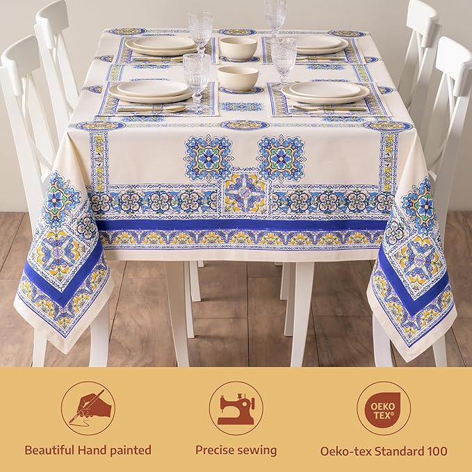 Maison d' Hermine Premium Table Cloth Rectangle Table 100% Combed Cotton 120 x 70 Inches Tablecloth Reusable Decorative for Dining Room, Farmhouse, Home, Party, Festive & Wedding - Sciacca