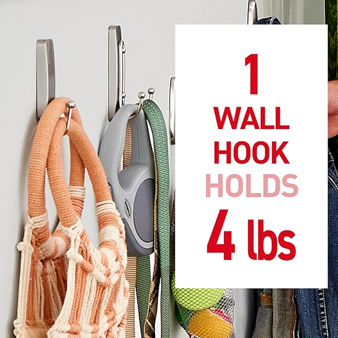 Command Large Brushed Nickel Double Hooks, 2 Hooks and 2 Strips, Damage Free Hanging Wall Hooks with Adhesive Strips, No Tools Coat Hooks for Hanging Home Decor, Holds up to 4 lb