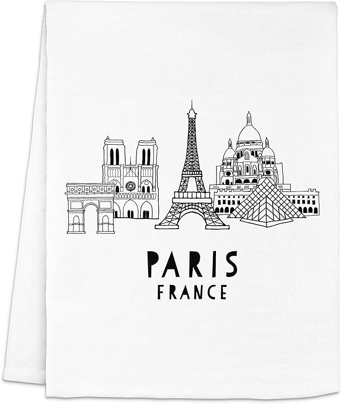 Moonlight Makers Original Flour Sack Dish Towel - 100% Cotton Kitchen Towels, Cute Cleaning Cloths, Lint-Free & Absorbent Kitchen Tea Linens for Dish Drying, 28inx28in - Paris Skyline, White